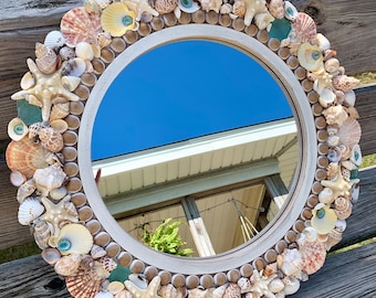 Seashell Starfish Mirror / Coastal Beach House Wall Decor