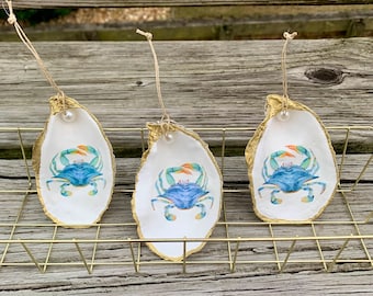 Oyster Shell Ornament / Blue Crab Coastal Christmas Decor / Beach Nautical Gifts /Handmade Decoupage Shell