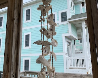 Oyster Shell Wind Chime: Coastal Farmhouse Garden Decor (28” Long)