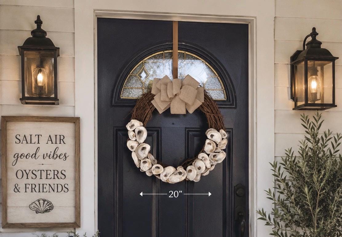 Oyster Shell Grapevine Wreath: Coastal Farmhouse Burlap Bow - Etsy
