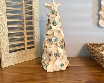 Seashell Christmas Tree with Green Limpet Shells & Starfish Topper / White Coastal Christmas Decor
