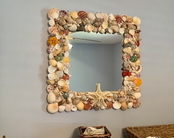 Seashell Mirror Wall Art / Coastal Home Decor with Starfish / Beach House Housewarming Gifts