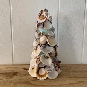 Handcrafted Seashell Christmas Tree with Aqua Sea Glass and Scallop Shells – Coastal Holiday Decor
