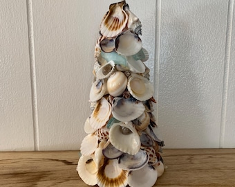 Handcrafted Seashell Christmas Tree with Aqua Sea Glass and Scallop Shells – Coastal Holiday Decor