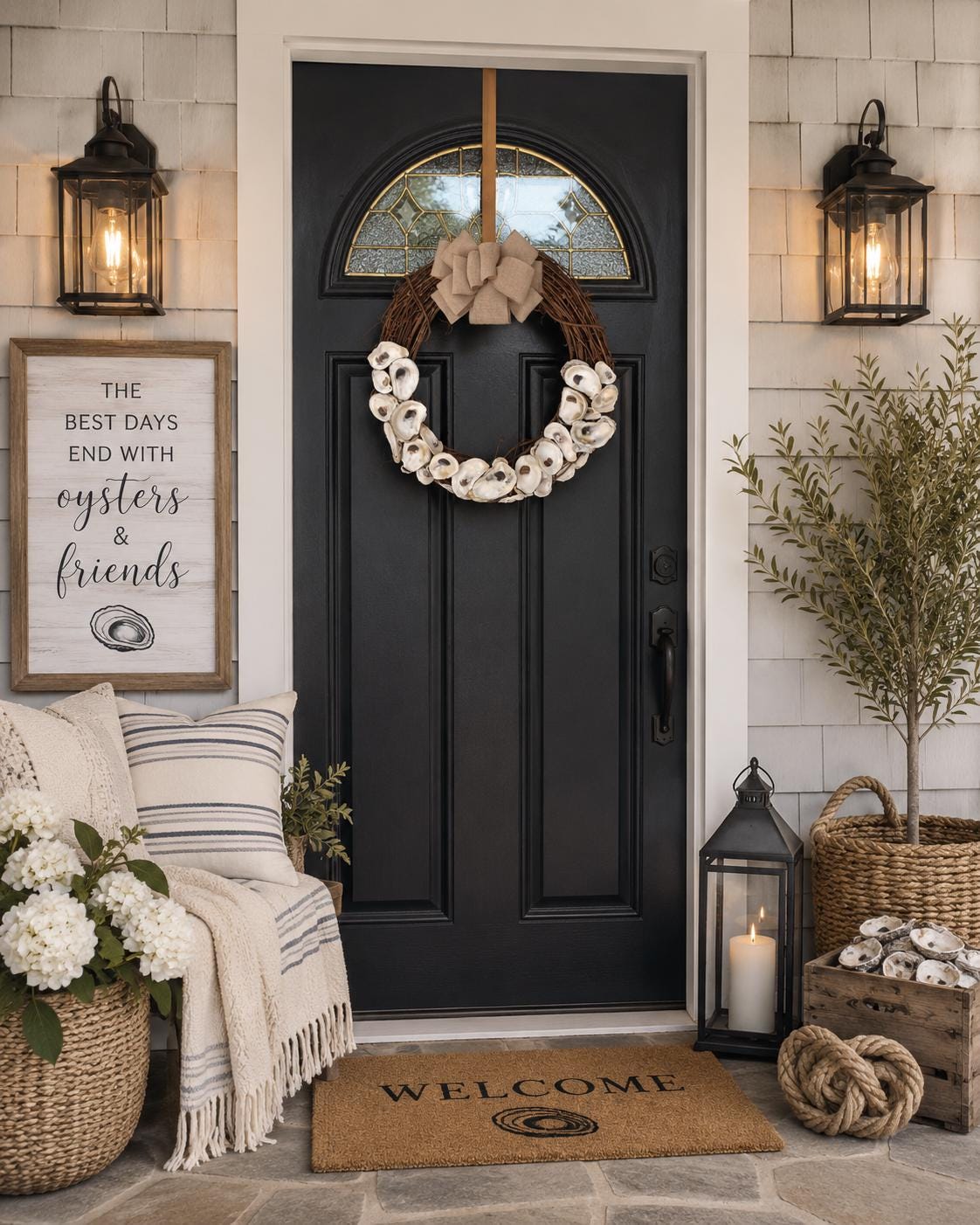 Oyster Shell Grapevine Wreath: Coastal Farmhouse Burlap Bow - Etsy