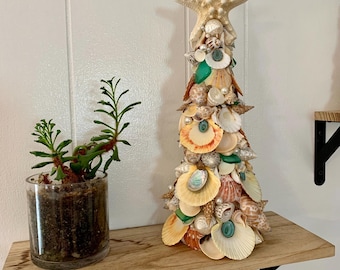 Seashell Christmas Tree Topiary: Coastal Beach House Decor, Starfish Topper (Lighted Garland Optional)