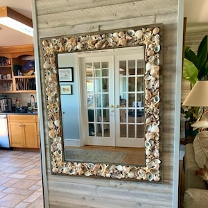 Seashell Mirror with Reclaimed Driftwood Frame: Coastal Wall Decor