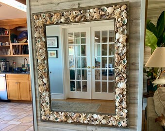 Large Seashell Mirror, Starfish Seaglass Beach House Decor, Nautical Ocean Statement Wall Mirror