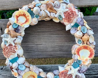 Seashell Wreath Spring Summer / Colorful Coastal Wreath / Beach House Decor