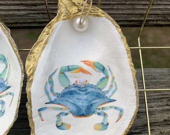 Handcrafted Oyster Shell Ornament Set: Blue Crab Decoupage, 18k Gold Leaf, Pearl Accent