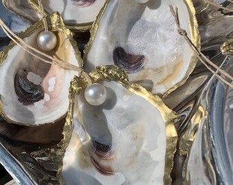 Set of 6 Gold Trimmed Oyster Shell Ornaments with Pearl Bead, Coastal Christmas Decor