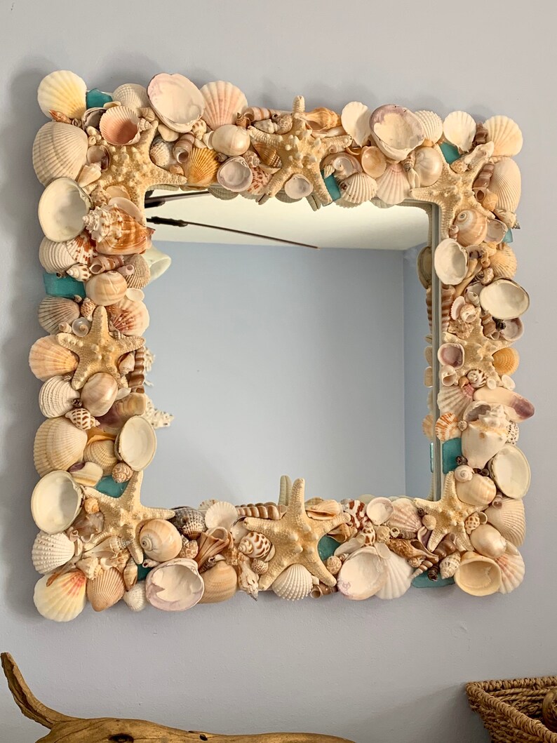 Seashell Mirror With Starfish and Sea Glass / Coastal Wall - Etsy