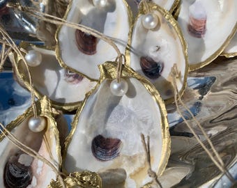 Set of 6 Gold Trimmed Oyster Shell Ornaments with Pearl Bead, Coastal Christmas Decor