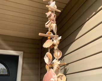Handmade Seashell Wind Chime, Coastal Driftwood Beach Hanging, Ocean Inspired Patio Decor