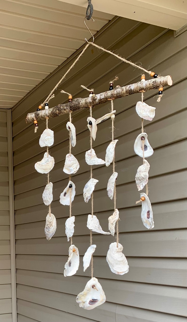 May include: A white oyster shell wind chime with brown wooden beads hanging from a branch. The chime is made of multiple oyster shells strung together on twine.