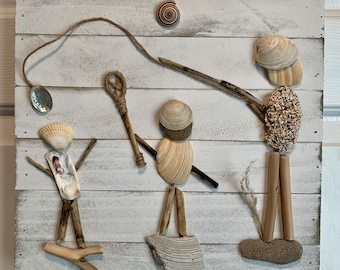 Seashell People Family Wall Art / Father Son Gone Fishing Shell Art / Personalized Gifts