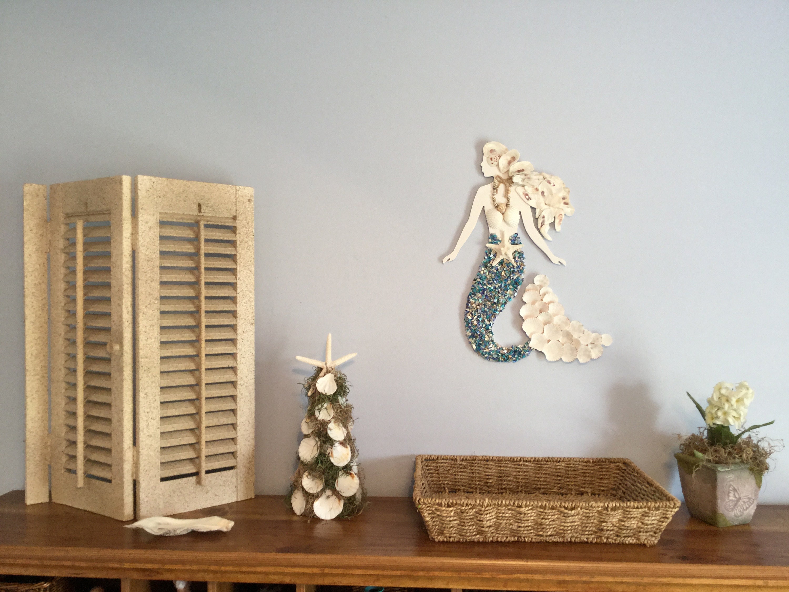Seashell Mermaid Wall Decor / Blue Sea Glass Mermaid - Etsy Brazil