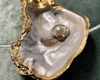 Oyster Shell Ring Dish / Pearl & Gold Jewelry Catch All / Bridal Gifts / Wedding Ring Display