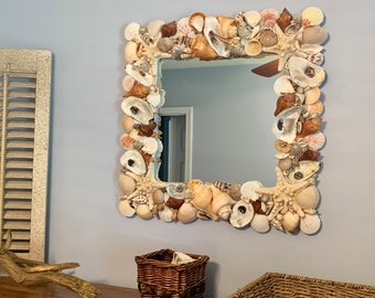 Coastal Seashell Mirror with Oyster Shells and Starfish / Nautical Housewarming Gifts