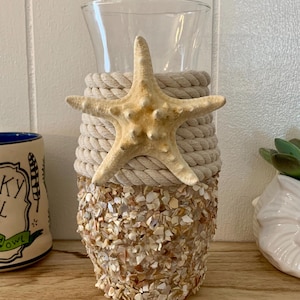 Coastal Flower Vase with Nautical Rope & Starfish / Beach House Decor