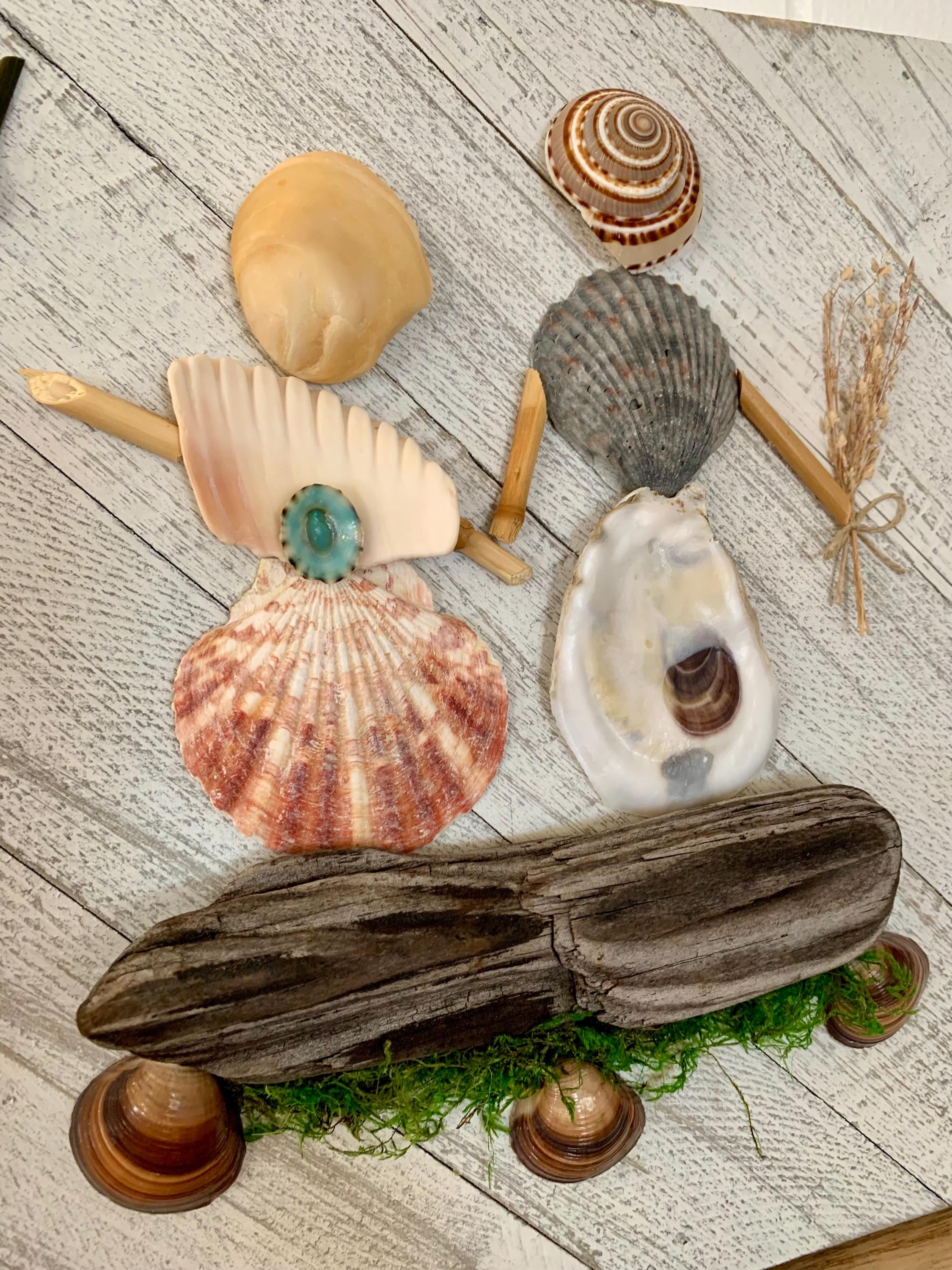 Seashell People Wall Art: Couple on Driftwood Bench, Beach House