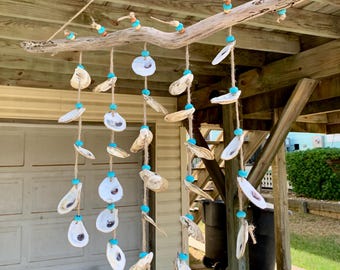 Oyster Shell Wind Chime with Turquoise Beads, Driftwood Coastal Bohemian Decor