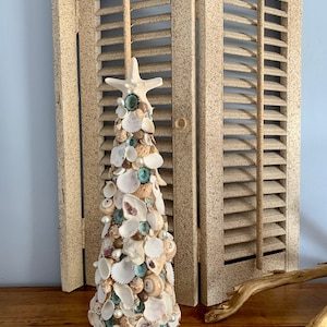 Seashell Christmas Tree Topiary with Starfish Topper: Coastal Beach House Decor (Lighted Garland Optional)