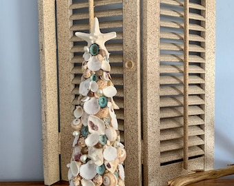 Seashell Christmas Tree Topiary with Limpets, Pearl Beads, & Starfish / Coastal Christmas Decor / Lighted Garland optional