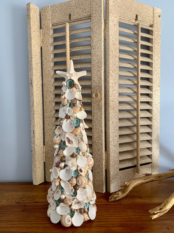 Seashell Christmas Tree Topiary With Limpets, Pearl Beads, & Starfish /  Coastal Christmas Decor / Lighted Garland Optional 