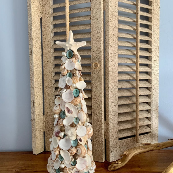 Seashell Christmas Tree Topiary with Limpets, Pearl Beads, & Starfish / Coastal Christmas Decor / Lighted Garland optional