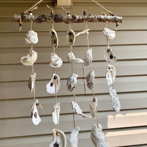 May include: A rustic oyster shell wind chime with brown wooden beads and twine hanging from a branch. The chime is made of natural materials and has a simple, elegant design.