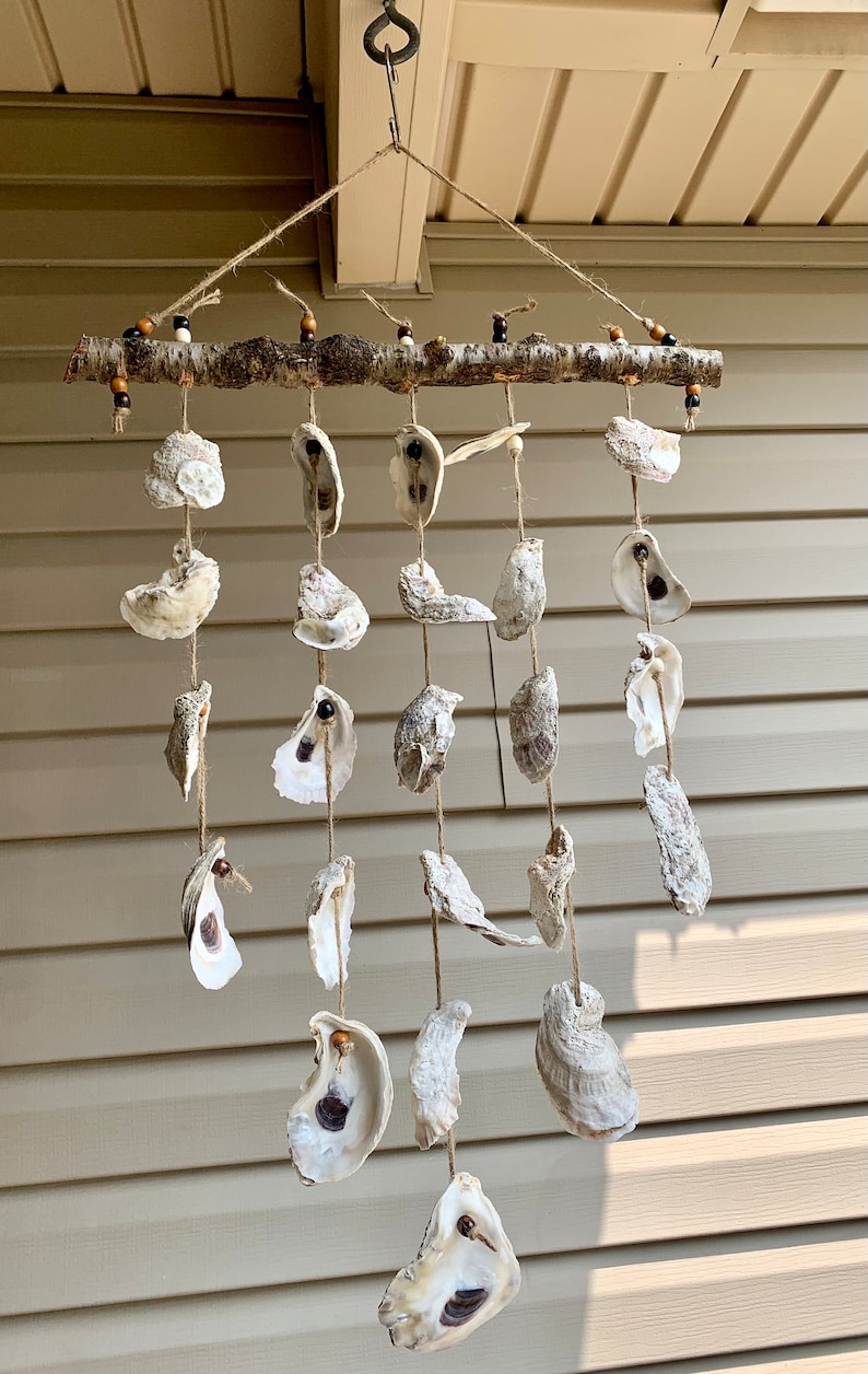 May include: A rustic oyster shell wind chime with brown wooden beads and twine hanging from a branch. The chime is made of natural materials and has a simple, elegant design.