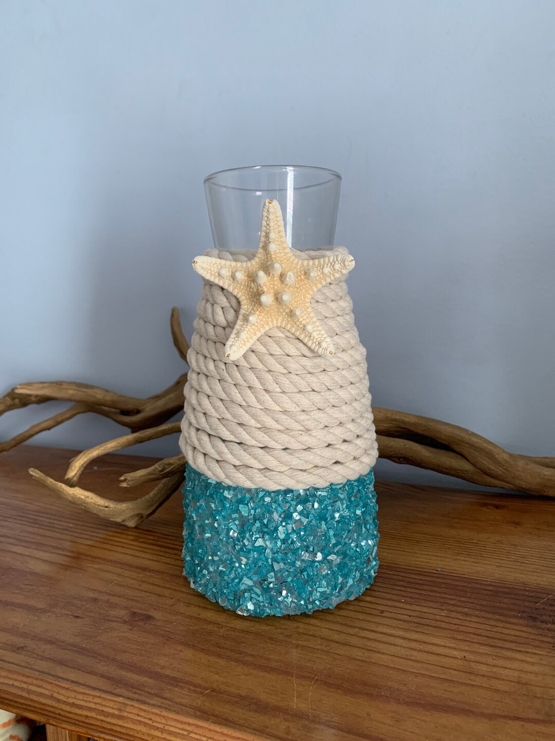 Nautical Starfish Vase With Rope & Aqua Blue Crushed Glass / Coastal ...