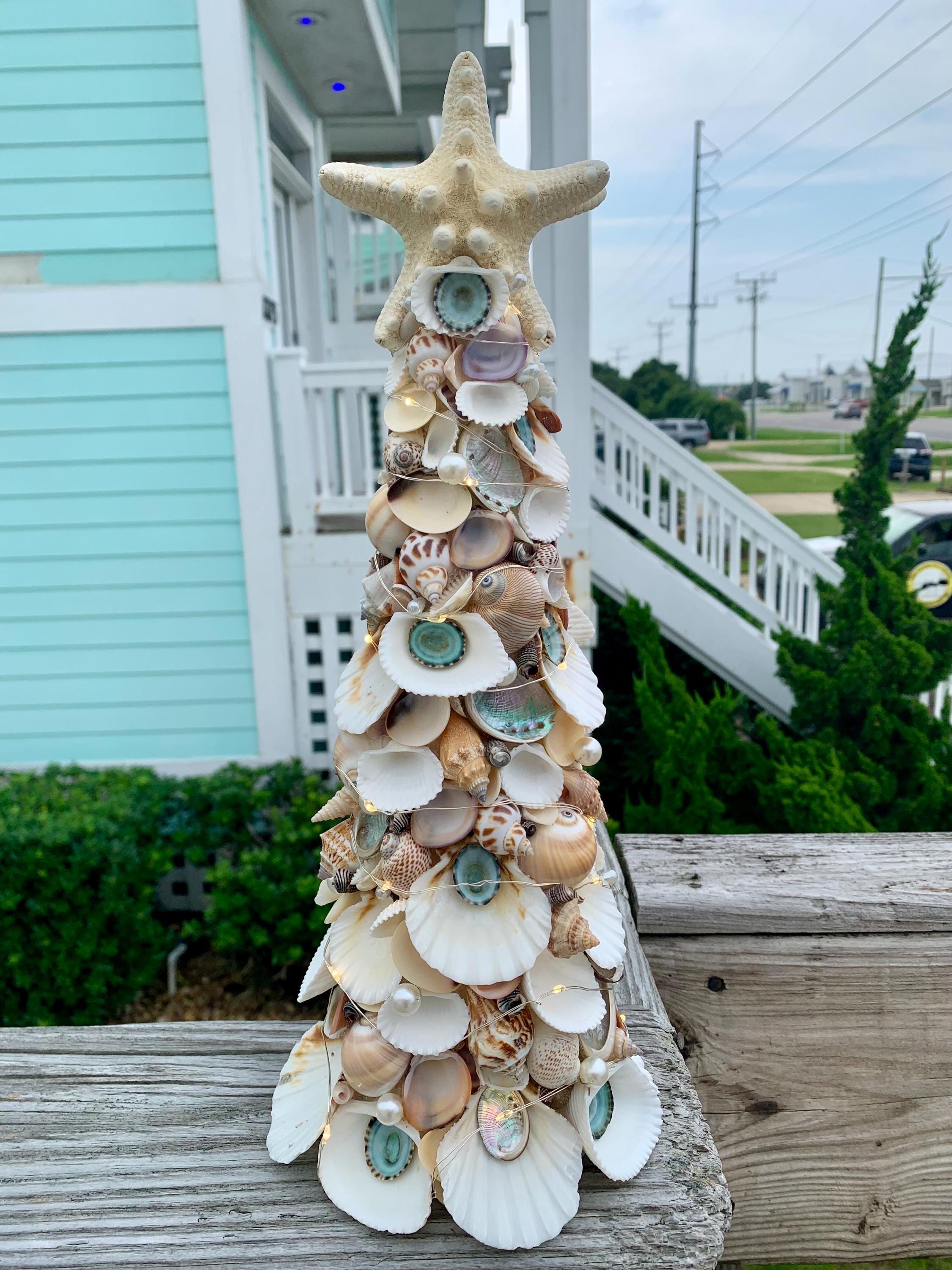 Seashell Christmas Tree Topiary With Starfish Topper: Coastal