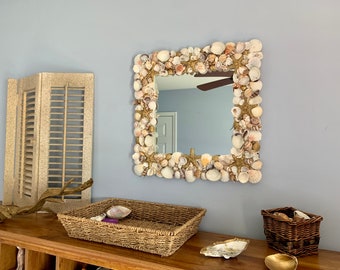 Seashell Mirror with Gold Armored Starfish / Coastal Wall Decor