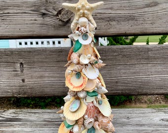 Seashell Christmas Tree Topiary: Coastal Beach House Decor, Starfish Topper (Lighted Garland Optional)