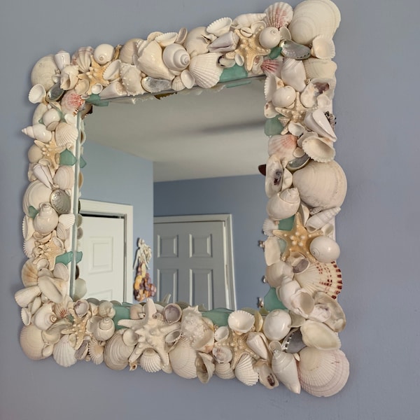 Seashell Mirror Wall Decor / White Seashell Mirror with Sea Glass