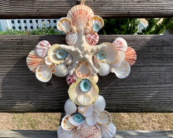 Seashell Cross Wall Art / Coastal Religious Home Decor