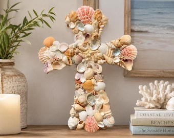 Seashell Cross Wall Art: Coastal Beach House Decor