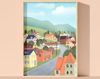 May include: A digital illustration of a small town with colorful houses, green trees, and a winding road. The houses are in various styles and sizes, with some having white picket fences. The sky is blue with white clouds.