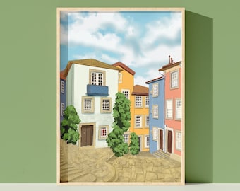 Portugal Street Art Print: Colorful Buildings Travel Poster (Digital Download)