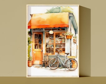 May include: Watercolor painting of a small shop with an orange awning, a door, and windows. A bicycle is parked in front of the shop.