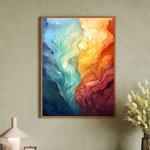 Puede incluir: Impresión de arte abstracto con colores azules, amarillos y rojos en espiral. La impresión está enmarcada en un marco de madera.