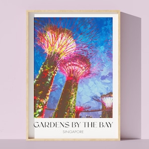 Kunst Singapore | Tuinen aan de baai | Singaporese kunst in aquarelstijl downloaden | Futuristische reiskunst | Afdrukbaar reiswanddecor