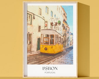 Lisbon Yellow Tram Watercolor Art Print: Portugal Travel Poster (Digital Download)