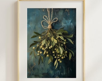 Vintage Mistletoe Oil Painting Art Print: Festive Country Wall Decor (Digital Download)