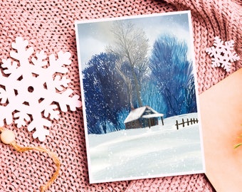 Winter Themed Greeting Card, Winter Cottage, Seasons Greeting Card, Instant Card # 7  | Digital Download