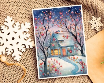 Winter Themed Greeting Card, # 11, Festive Greeting Card, High-quality Digital Art Card, Watercolour Card  | Digital Download