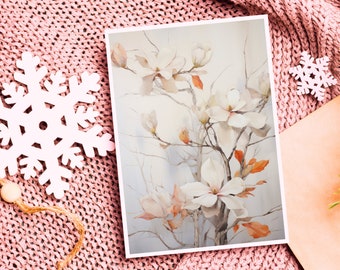 Floral Greeting Card, Vintage Style Art, Flower Art Card, Winter Blooms | Digital Download