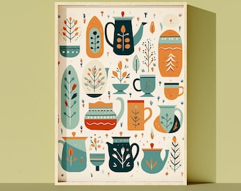Scandinavian Kitchen Art Print: Colorful Teapots and Plants (Digital Download)